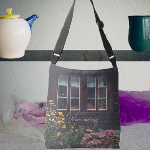 Country cottage with rustic garden crossbody bag