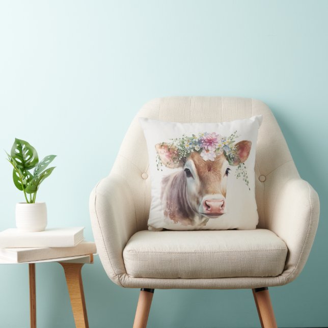 Country Cow With Flowers Throw Pillow (Chair)