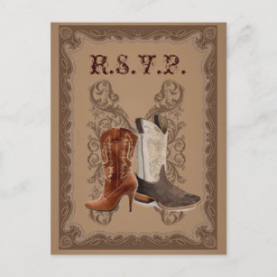 Country Cowboy Boots Western Wedding rsvp Invitation Postcard