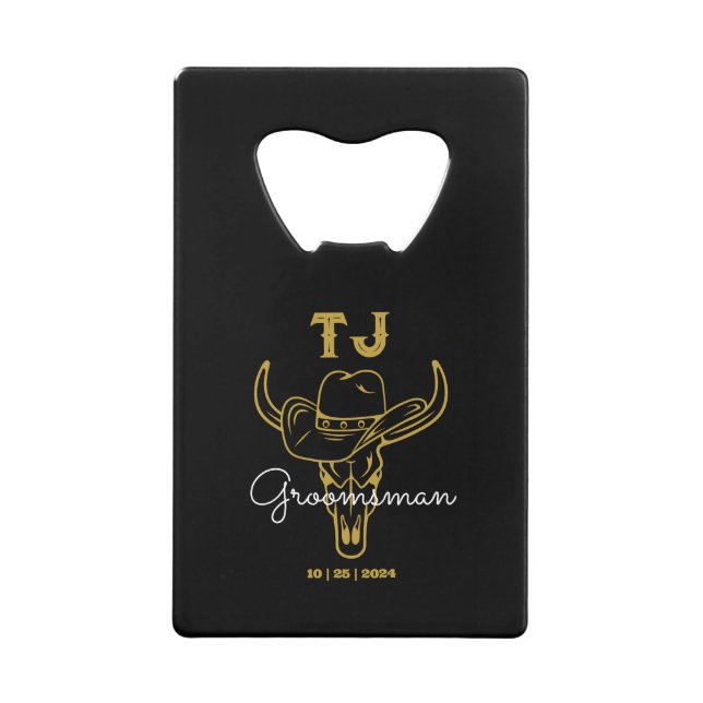 Country Cowboy Personalized Groomsmen Monogram Credit Card Bottle Opener (Front)