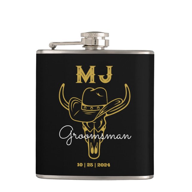 Country Cowboy Personalized Groomsmen Monogram Hip Flask (Front)
