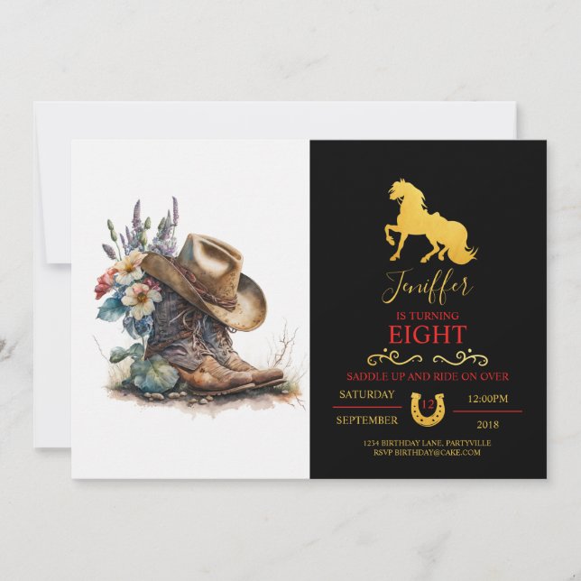 Country Cowgirl Boots Flower Hat Texas Invitation (Front)