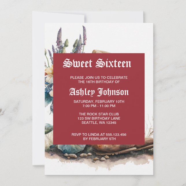 Country Cowgirl Boots Flower Hat Texas Invitation (Front)