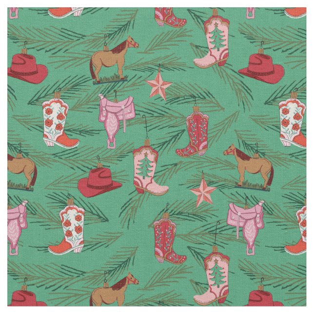 Country Cowgirl Christmas Ornaments Fabric (Close Up)