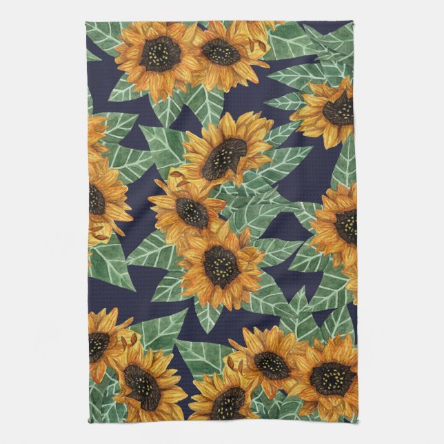 Country Cute Yellow Navy Sunflowers Watercolor Kitchen Towel (Vertical)