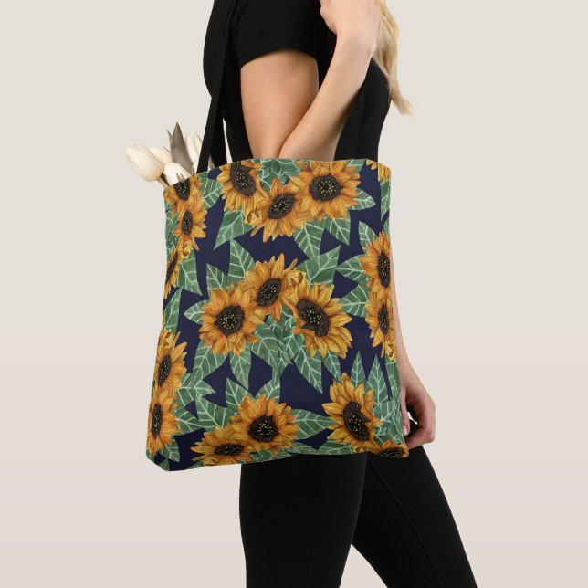 Country Cute Yellow Navy Sunflowers Watercolor Tote Bag (Close Up)