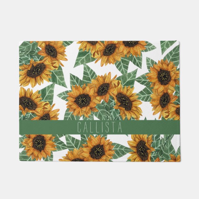 Country Cute Yellow Sunflowers Watercolor Monogram Doormat (Front)
