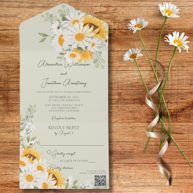 Country Daisies and Sunflowers on Green QR Code All In One Invitation (Also available without QR code)