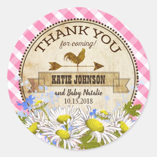 Country Daisies Pink Gingham Check Baby Shower Classic Round Sticker (Front)
