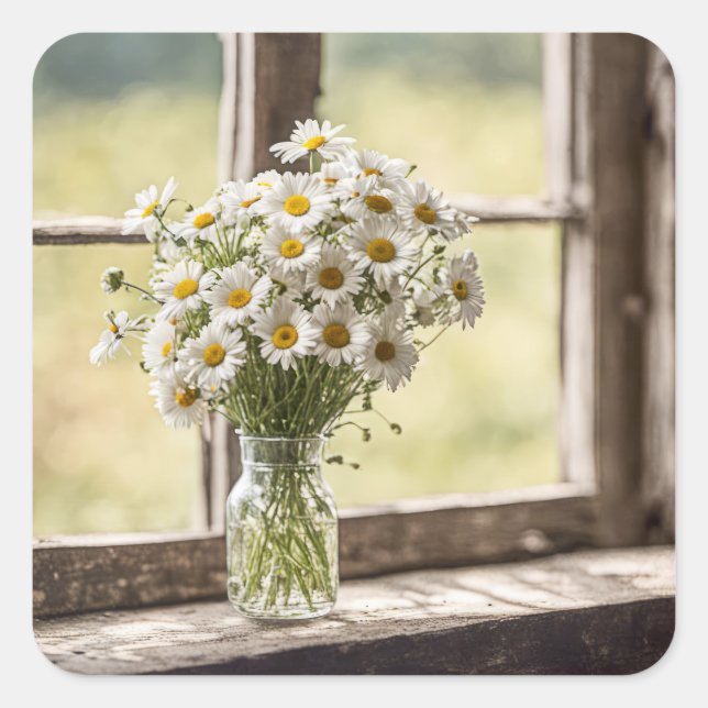 Country Daisy Bouquet In Window Square Sticker (Front)