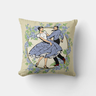 Country Dance Square Dancers Blue w/ Floral Frame Throw Pillow