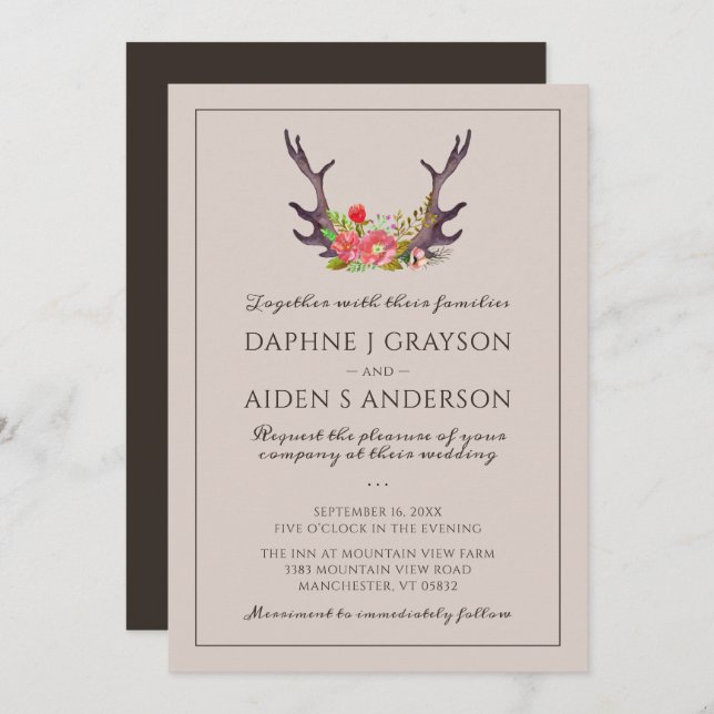 Country Deer Antler Floral Wedding Invitation (Front/Back)