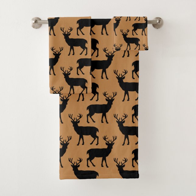 Country deer pattern brown black towel set (Insitu)