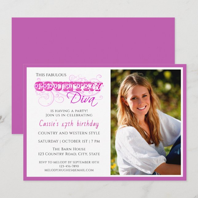 Country Diva Pink Custom Photo Birthday Invitation (Front/Back)