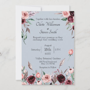 Country Dusty Blue and Burgundy Flowers Wedding Invitation