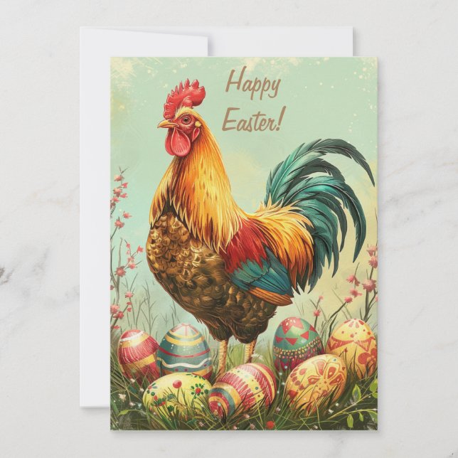 Country Easter Rooster Delight: Rustic Charm Holiday Card (Front)