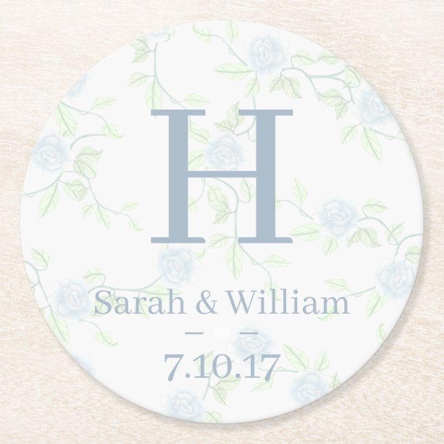 Country Elegant Blue Roses Wedding Round Paper Coaster (Front)