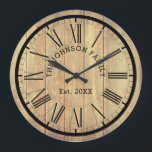 Country Famly Name & Est. | Rustic Light Wood Large Clock<br><div class="desc">Rustic country house clock,  featuring a light wood background,  roman numerials your familys name and the year they were established.</div>