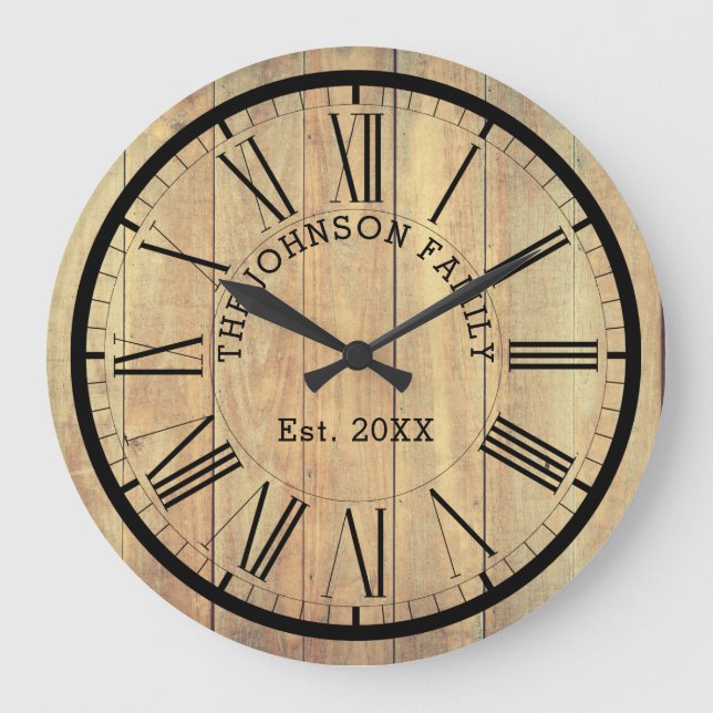 Country Famly Name & Est. | Rustic Light Wood Large Clock (Front)