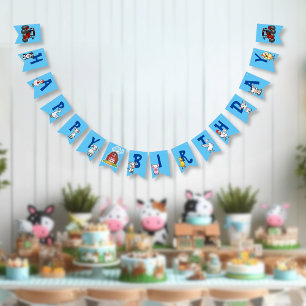 Country Farm Animals Blue Background Birthday Bunting Flags