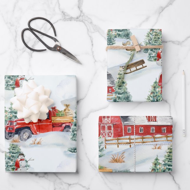Country Farm Barn Truck Snowman Wrapping Paper Sheet (Front)
