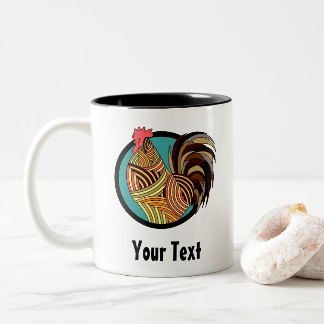 Country Farm Chicken Rooster Two-Tone Coffee Mug (With Donut)