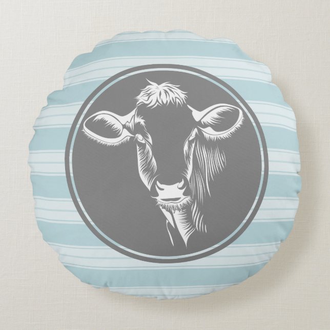 Country Farm Cornflower Blue White Cow Sketch Round Pillow (Front)