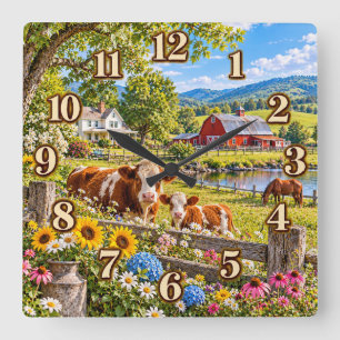Country Farm Cows & Calf Mountain Lake Clock