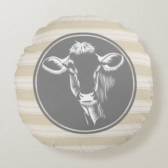 Country Farm Creamy Tan White Cow Sketch Round Pillow (Front)