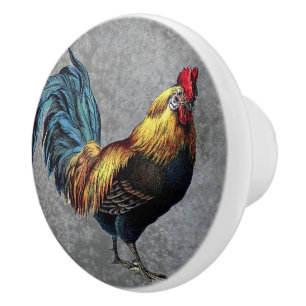 Country Farm Rooster On Grey Background Ceramic Knob