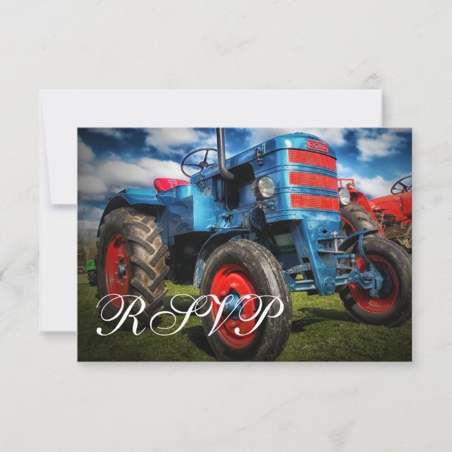 Country Farm Tractor Blue Wedding Cartes RSVP (Devant)