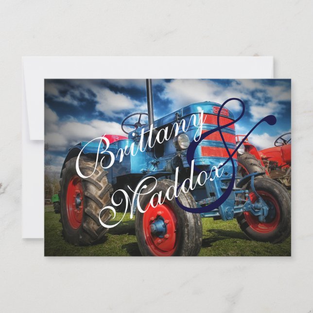 Country Farm Tractor Blue Wedding Invitations (Front)