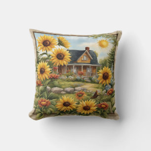Country Farmhouse Dreamy Golden Sunflowers Throw Pillow
