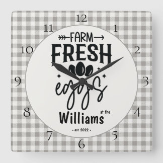 Country Farmhouse Plaid Farm Fresh Eggs  Square Wall Clock