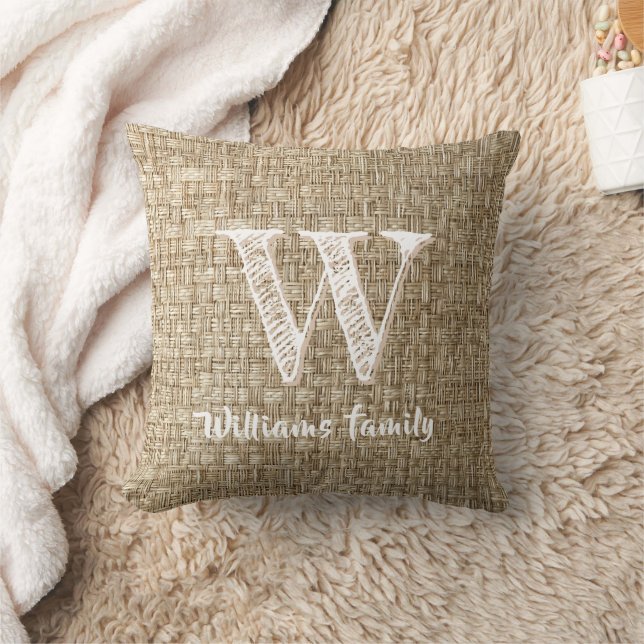 Country Farmhouse Weave Pattern Print Monogram Throw Pillow (Blanket)