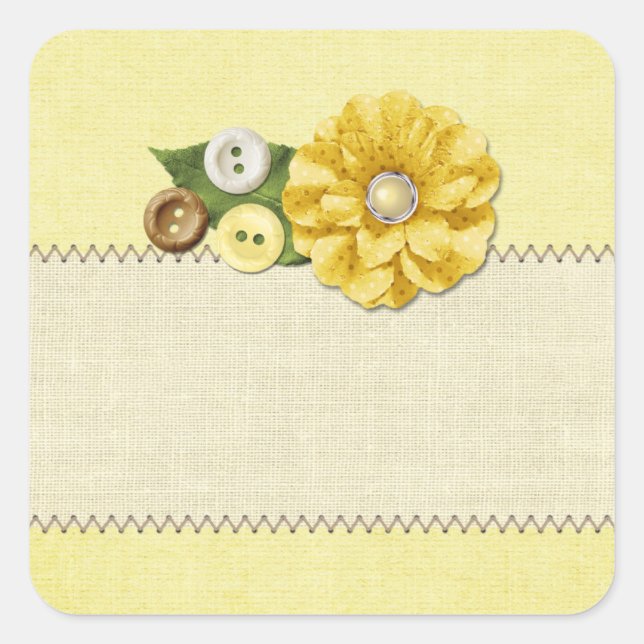 Country Farmhouse Yellow Sewing Buttons & Flower Square Sticker (Front)
