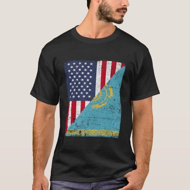 Country Flag Half Usa Half Kazakhstan T-Shirt (Front)