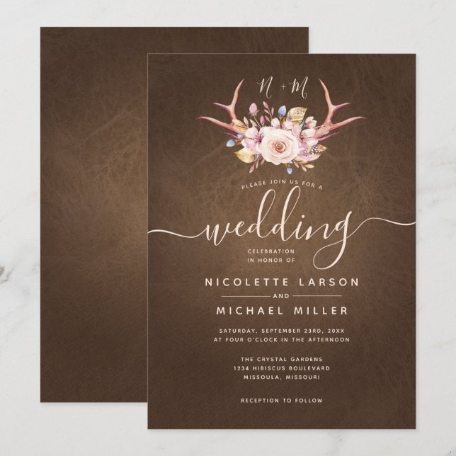 Country Floral and Antler Leather Wedding Invitation (Front/Back)