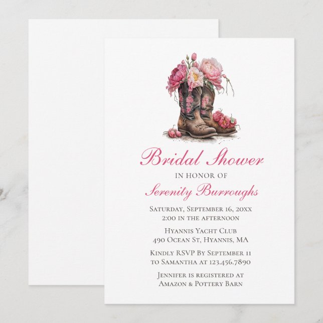 Country Floral Bridal Shower Western Cowboy Boots  Invitation (Front/Back)