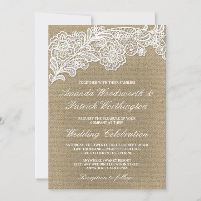 Country Floral Burlap and Lace Wedding Invitations (Front)