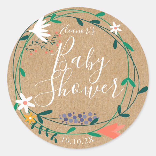 Country Floral Garland Baby Shower / Sprinkle Boho Classic Round Sticker (Front)