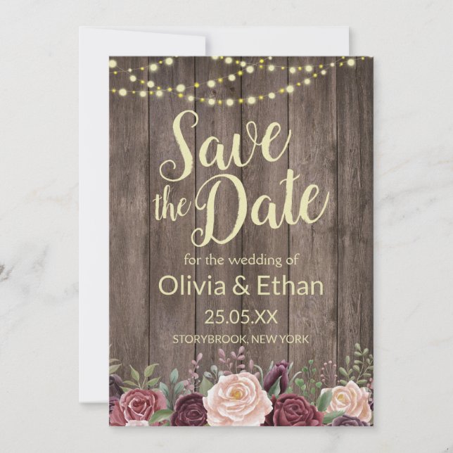 Country Floral Rustic Wood String Lights Save The Date (Front)