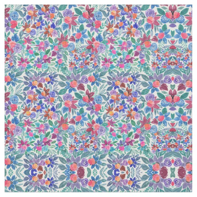 Country Floral Strawberries Watercolor Pattern Fabric (Close Up)
