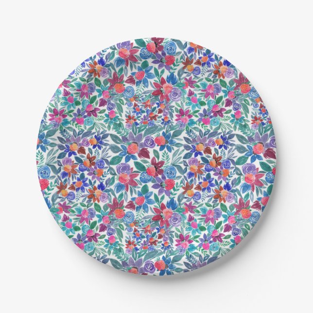 Country Floral Strawberries Watercolor Pattern Paper Plate (Front)