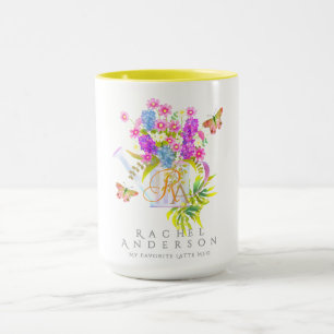 Country Floral Watering Can Monogram White Mug