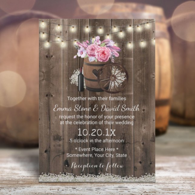 Country Floral Wood Barrel Rustic Wedding Invitation (Creator Uploaded)