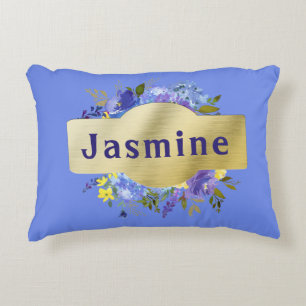 Country Flowers Blue Purple Floral & Gold Accent Pillow