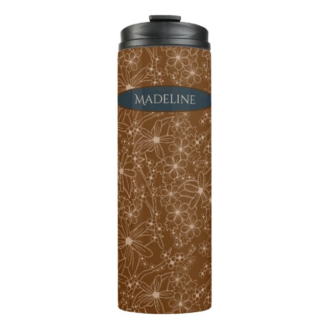 Country Flowers Hand Drawn Pattern Brown Rustic Thermal Tumbler (Front)