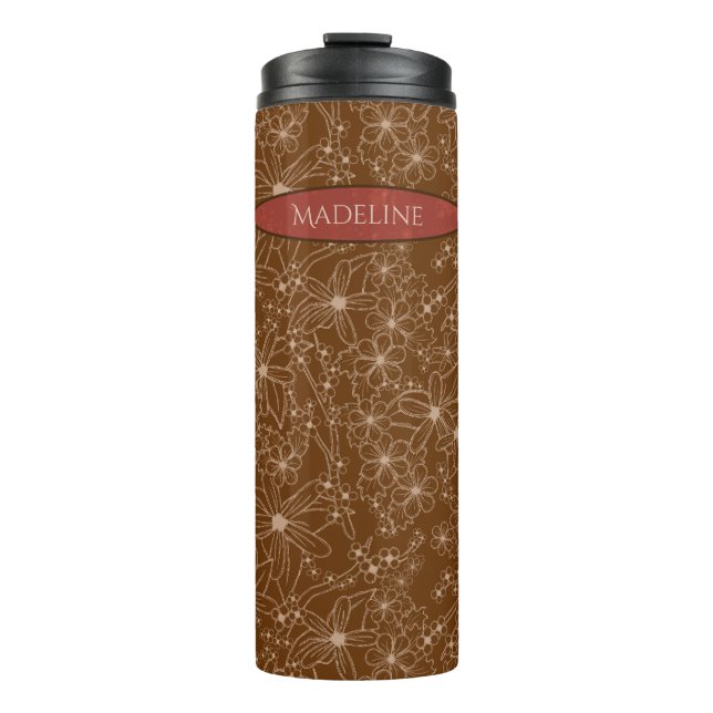 Country Flowers Hand Drawn Pattern Brown Rustic Thermal Tumbler (Front)