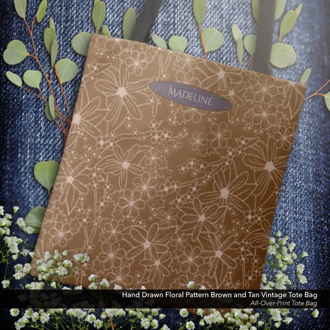 Country Flowers Hand Drawn Pattern Brown Rustic Tote Bag (Tote Bag: Hand Drawn Floral Pattern in Vintage Brown and Tan with the Owner's Name in Dark Purple.)